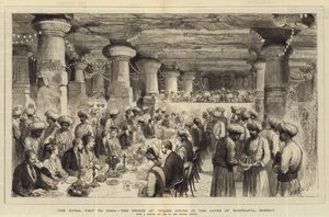 Királyi látogatás Indiában, a walesi herceg étkezése az Elephanta barlangjaiban, Bombayban